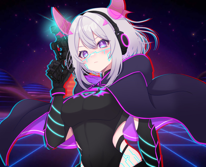 1girl absurdres black_bodysuit black_cape bob_cut bodysuit breasts cape detached_horns gradient_hair gradient_horns gun hair_intakes headphones highres hip_vent holding holding_gun holding_weapon holographic_horns horns indie_virtual_youtuber looking_at_viewer medium_hair motherv3 multicolored_eyes multicolored_hair multicolored_horns neon_trim pink_horns purple_cape purple_eyes purple_horns solo touching_tail two-sided_cape two-sided_fabric two-tone_eyes virtual_youtuber weapon