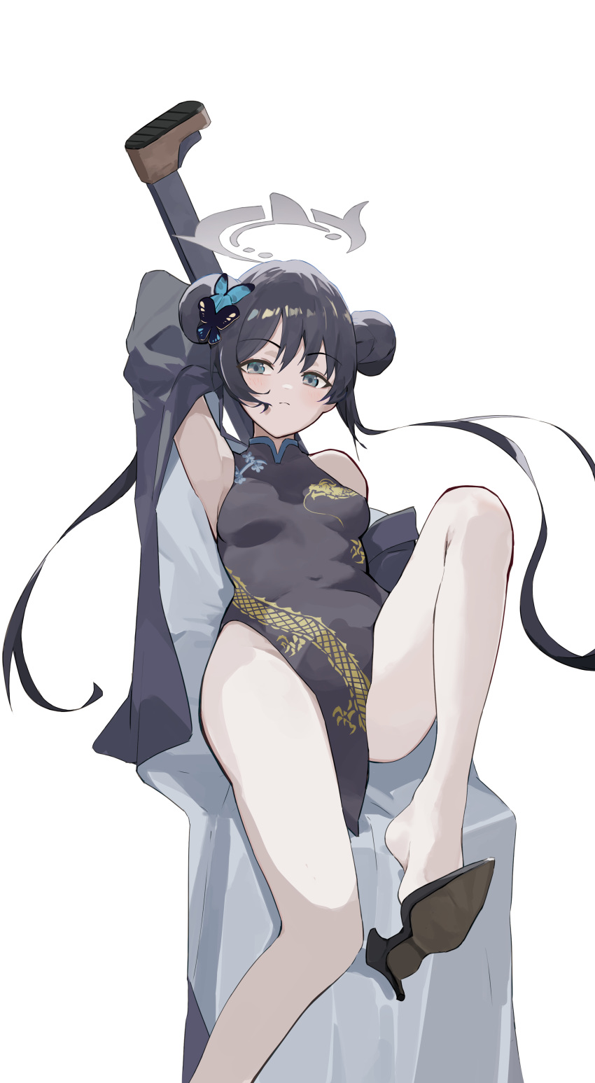 1569847238 1girl absurdres armpits black_dress black_footwear black_hair black_jacket blue_archive blue_eyes breasts butterfly_hair_ornament closed_mouth commentary_request double_bun dragon_print dress grey_halo hair_bun hair_ornament halo highres jacket kisaki_(blue_archive) legs long_hair looking_at_viewer medium_breasts pelvic_curtain print_dress shoes simple_background sitting sleeveless sleeveless_dress thighs twintails white_background