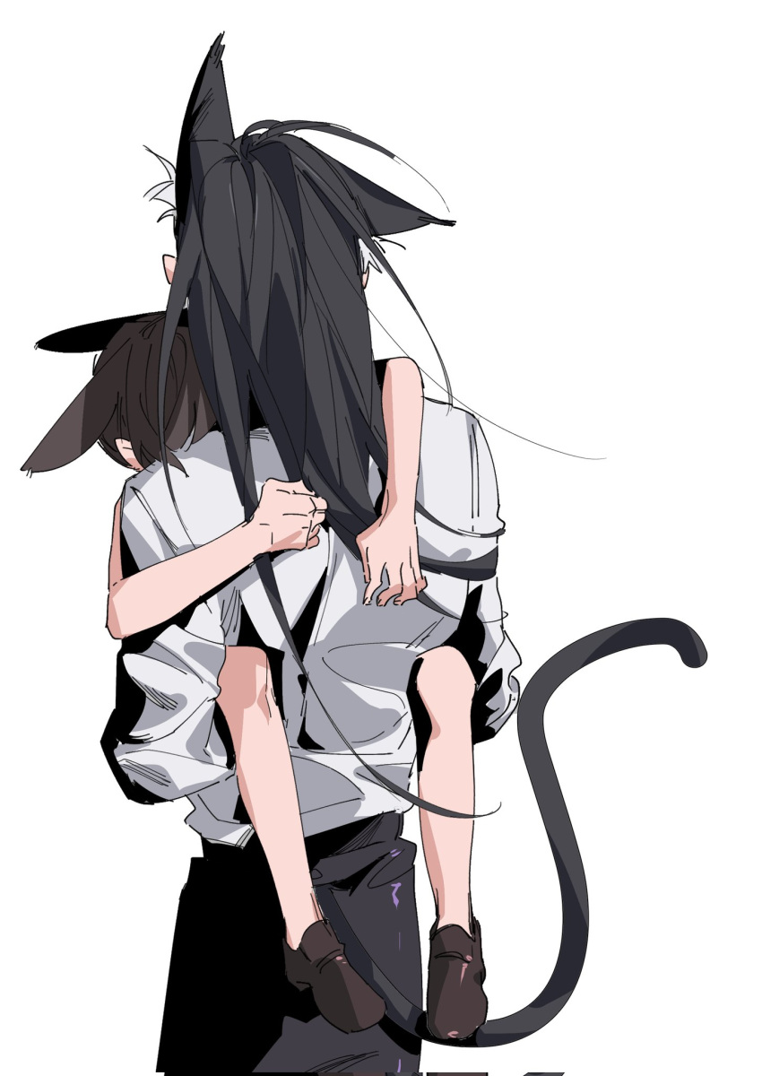 2girls amiya_(arknights) animal_ear_fluff animal_ears arknights black_hair blaze_(arknights) brown_footwear brown_hair carrying carrying_person cat_ears cat_girl cat_tail chinese_commentary commentary_request corrupted_twitter_file highres long_hair long_sleeves molu_stranger multiple_girls rabbit_ears shirt simple_background tail white_background white_shirt