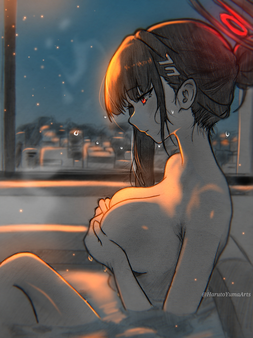 1girl bath bathroom bathtub black_hair blue_archive blush breast_hold breasts completely_nude hair_bun halo harutoyumaarts highres indoors knee_up large_breasts nape nude profile red_eyes rio_(blue_archive) single_hair_bun single_sidelock sitting solo twitter_username