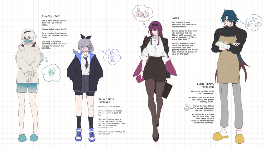 1boy 3girls absurdres apron bandaged_arm bandages black_coat black_jacket blade_(honkai:_star_rail) coat collared_shirt drill_hair drill_ponytail english_text eyewear_on_head firefly_(honkai:_star_rail) grey_hair hair_between_eyes hair_over_one_eye hand_in_pocket highres honkai:_star_rail honkai_(series) jacket kafka_(honkai:_star_rail) long_hair long_sleeves mask mouth_mask multiple_girls necktie off-shoulder_sweater off_shoulder office_lady purple_eyes purple_hair red_eyes sgrimp shirt shoes shorts silver_wolf_(honkai:_star_rail) skirt slippers sweater thighhighs two-tone_eyes white_shirt