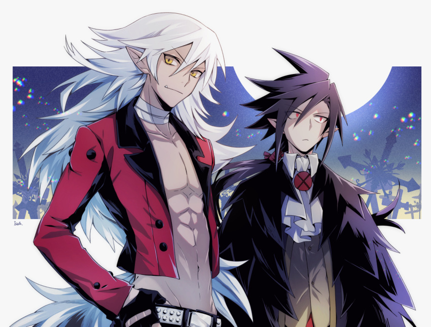 2boys belt black_hair disgaea fenrich_(disgaea) hair_between_eyes issa_(sorako45) makai_senki_disgaea_4 male_focus moon multiple_boys red_eyes smile topless_male valvatorez_(disgaea) vampire werewolf white_hair yellow_eyes