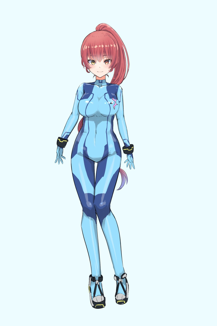 1girl bangs blue_background blue_bodysuit bodysuit breasts closed_mouth cosplay eyebrows_visible_through_hair heterochromia high_ponytail highres hololive houshou_marine izu_(tea_value_lord) long_hair medium_breasts metroid open_hands ponytail red_eyes red_hair samus_aran samus_aran_(cosplay) smile solo virtual_youtuber yellow_eyes zero_suit