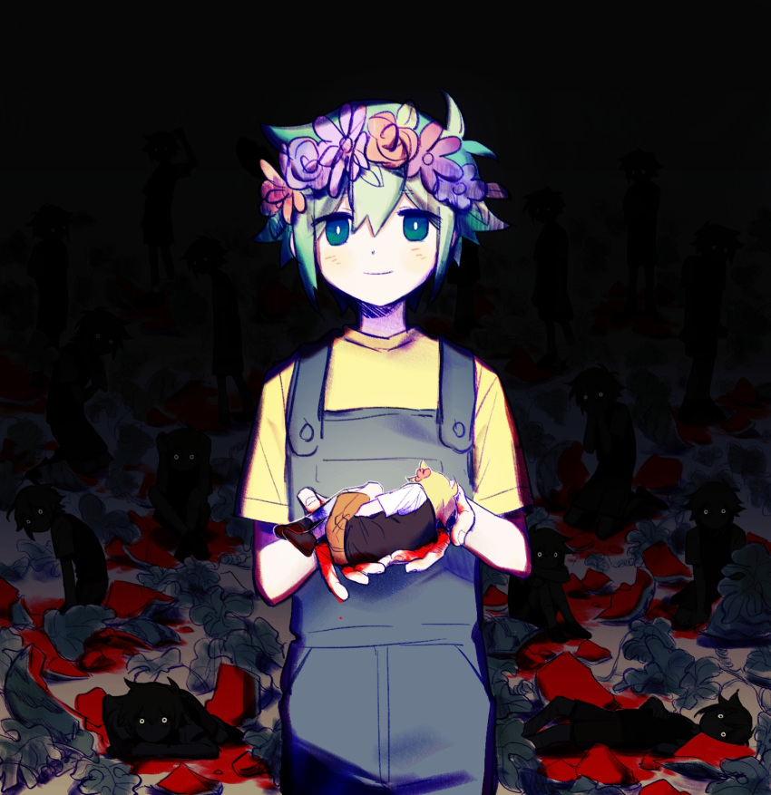 6+boys antenna_hair basil_(faraway)_(omori) basil_(headspace)_(omori) basil_(omori) black_footwear black_skin black_sweater_vest blonde_hair blood blue_eyes blue_overalls blush bright_pupils brown_shorts buttons carrying carrying_person child clone colored_skin dual_persona flower gradient_eyes green_eyes green_hair hair_between_eyes hair_flower hair_ornament head_wreath highres horror_(theme) kneehighs leaf looking_at_viewer lying multicolored_eyes multiple_boys omori on_side overalls pale_skin purple_flower purple_rose red_flower rose shirt short_hair short_sleeves shorts smile socks solo_focus straight-on stranger_(omori) sweater_vest white_eyes white_pupils white_shirt white_socks wrzydyspdys yellow_shirt
