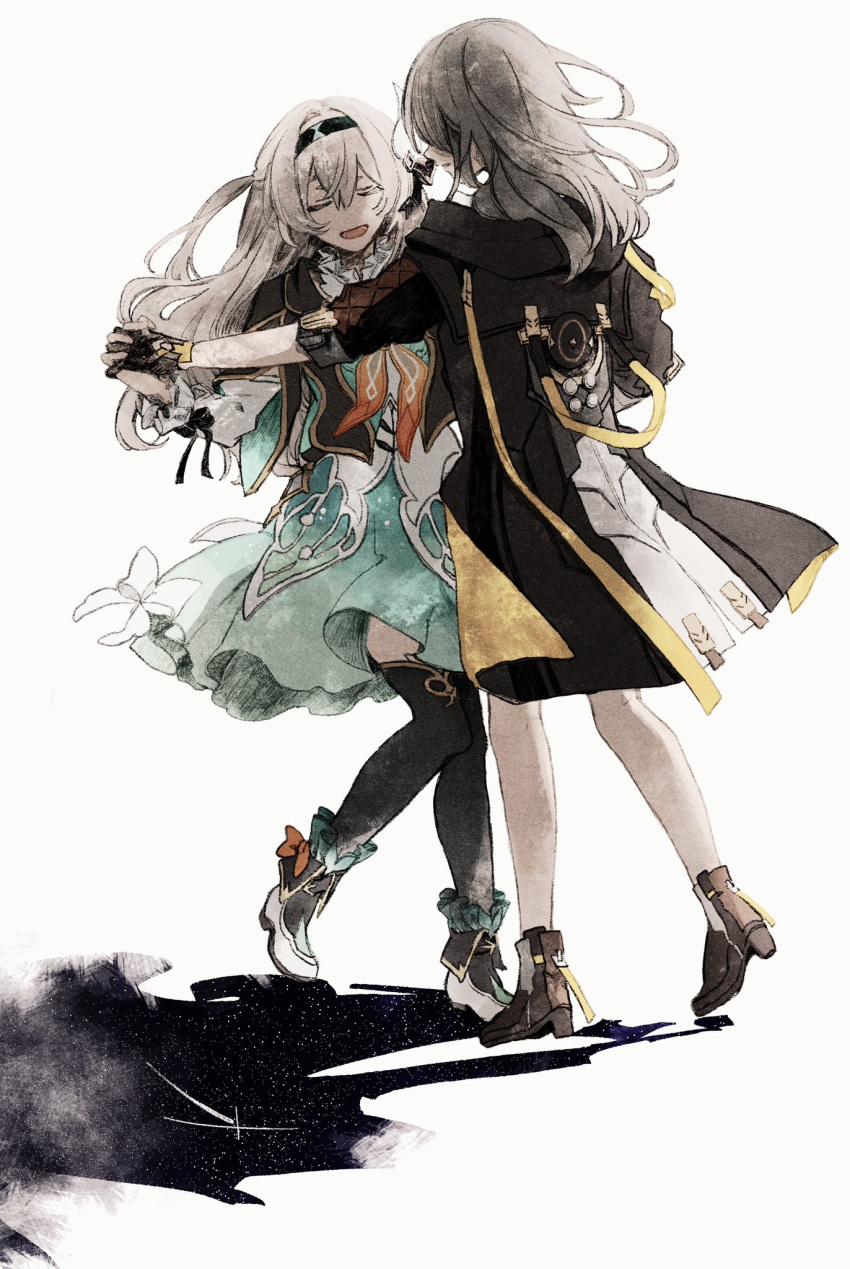 2girls black_coat black_gloves black_hairband black_jacket bow bowtie closed_eyes coat collared_shirt cropped_jacket dancing firefly_(honkai:_star_rail) gloves green_skirt grey_hair hair_between_eyes hair_ornament hairband highres holding_hands honkai:_star_rail honkai_(series) jacket marmochi multiple_girls neckerchief orange_neckerchief ribbon shadow shirt simple_background skirt smile stelle_(honkai:_star_rail) thighhighs trailblazer_(honkai:_star_rail) yuri