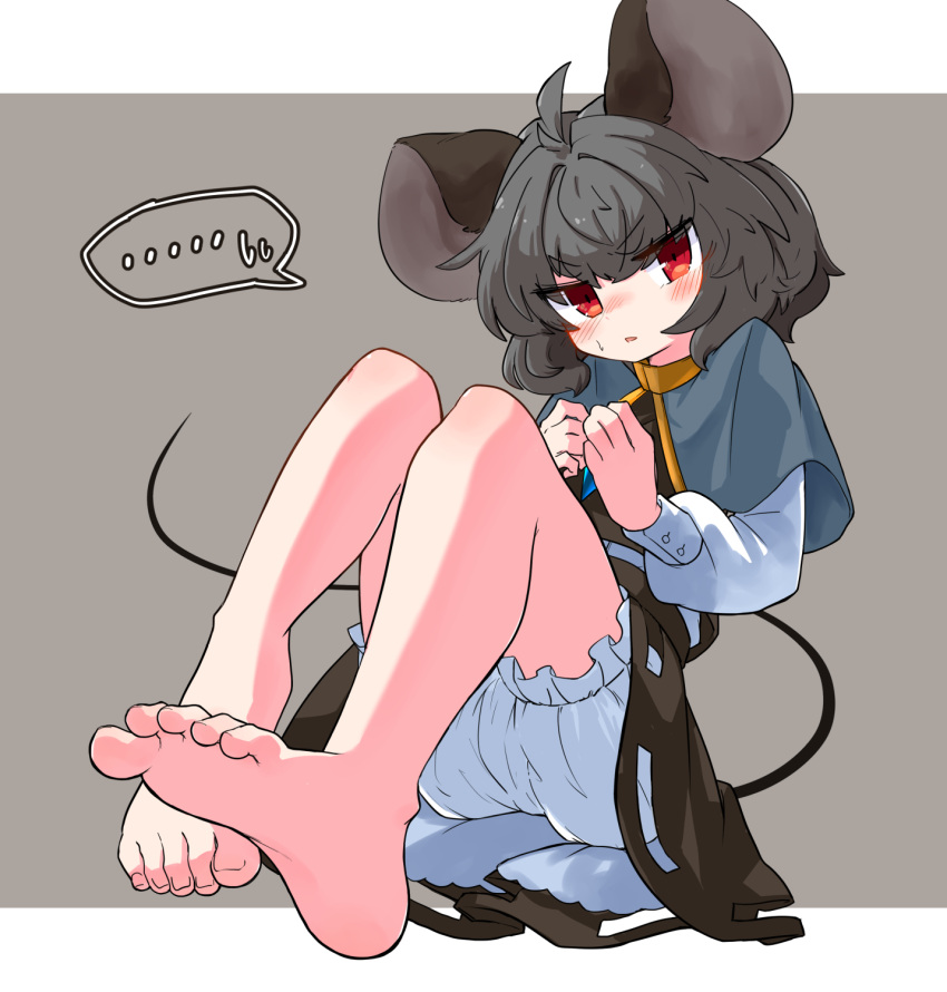 ... 1girl ahoge animal_ears bare_legs barefoot bloomers blue_capelet blush capelet closed_mouth full_body grey_hair grey_skirt grey_vest highres looking_at_viewer mouse_ears mouse_tail nazrin red_eyes short_hair sitting skirt soles solo spoken_ellipsis tail toenails toes touhou uisu_(noguchipint) vest white_bloomers