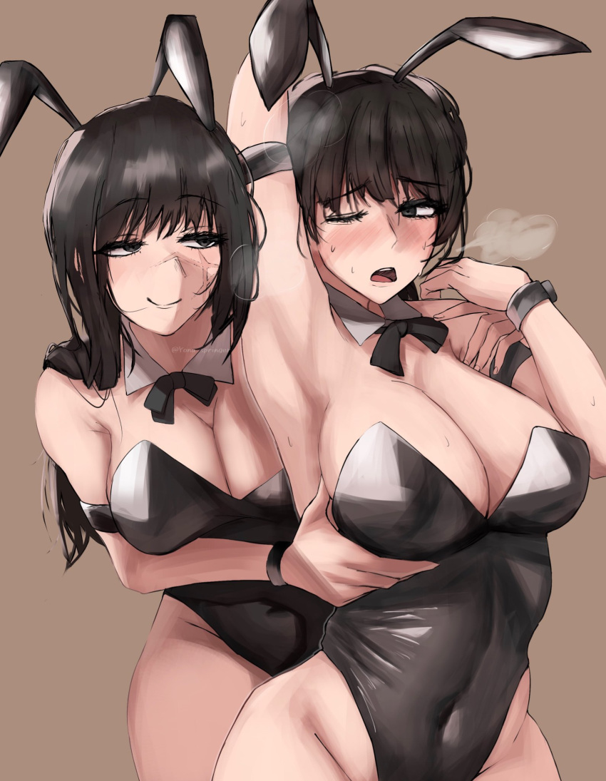 2girls animal_ears arm_up armpits black_hair blush bow bowtie breasts chainsaw_man covered_navel grabbing grabbing_another's_breast highres mitaka_asa multiple_girls playboy_bunny rabbit_ears simple_background yona_springer yoru_(chainsaw_man)