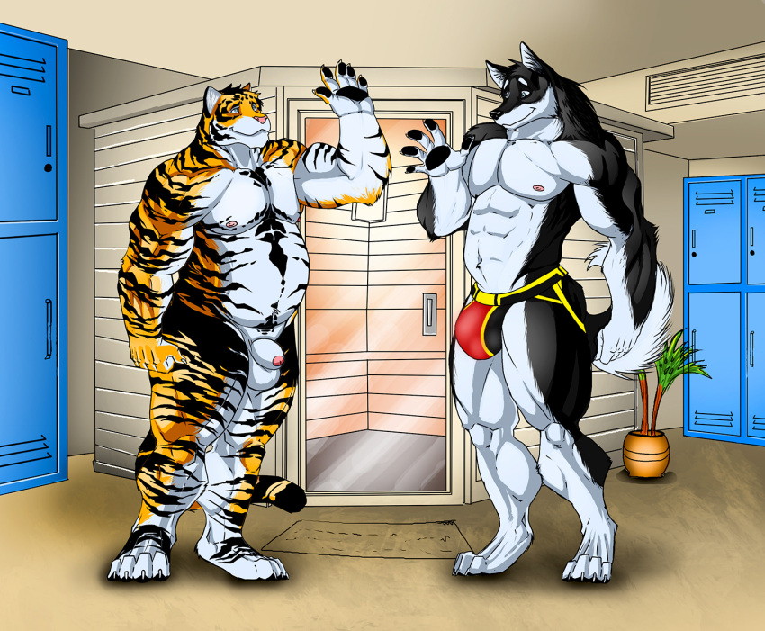2021 abs ang3l anthro balls belly biceps body_hair canid canine canis casual_nudity chest_hair clothed clothing duo eye_contact feet felid foreskin genitals gesture happy_trail hi_res inside jockstrap jockstrap_only locker locker_room looking_at_another male male/male mammal manly musclegut muscular muscular_legs navel nipples pantherine pecs penis plant pubes red_clothing red_jockstrap red_underwear sauna slightly_chubby smile standing tiger topless triceps underwear underwear_only waving wolf