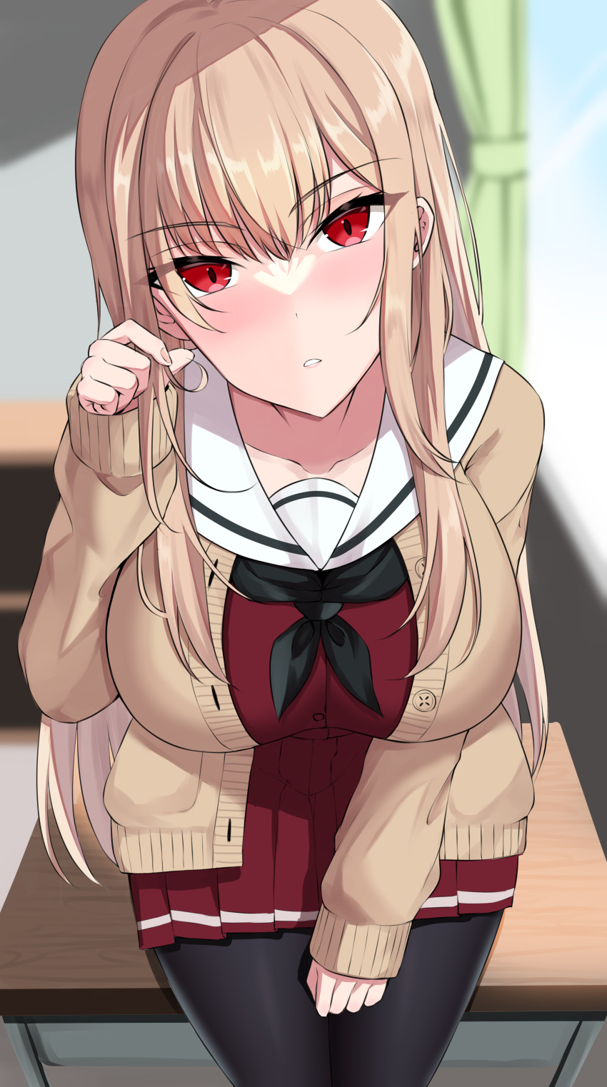 1girl absurdres black_neckerchief black_pantyhose blonde_hair blurry blurry_background blush breasts furen_e_lustario highres kirikan_(cokekiri) large_breasts long_hair looking_at_viewer neckerchief nijisanji pantyhose parted_lips red_eyes red_shirt red_skirt sailor_collar school_uniform shirt sitting skirt skirt_set solo virtual_youtuber white_sailor_collar