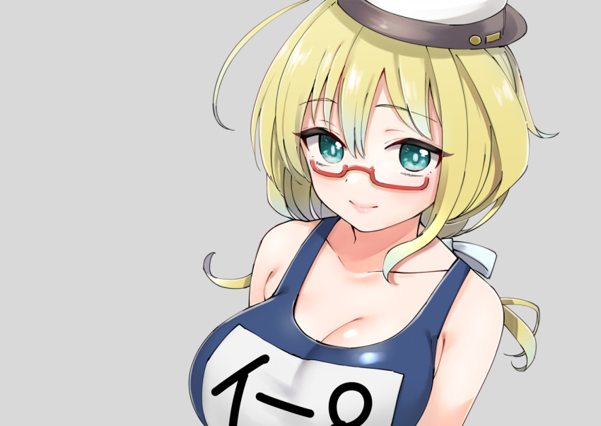 1girl blonde_hair blue_eyes blue_one-piece_swimsuit breasts cleavage glasses grey_background hair_ribbon hat i-8_(kancolle) kantai_collection large_breasts long_hair looking_at_viewer name_tag one-piece_swimsuit red-framed_eyewear ribbon saburou_03 school_swimsuit semi-rimless_eyewear simple_background solo swimsuit under-rim_eyewear white_hat