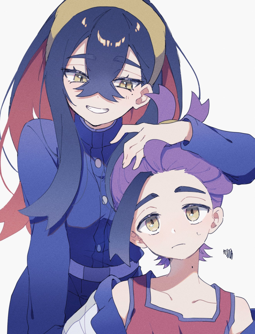 1boy 1girl black_hair blush brother_and_sister carmine_(pokemon) closed_mouth crossed_bangs grey_background grin hair_between_eyes hand_on_another's_head highres jacket kieran_(pokemon) long_hair long_sleeves mole mole_on_neck mole_under_eye multicolored_hair nmnmnmk_p pokemon pokemon_sv purple_hair red_hair red_tank_top siblings simple_background smile squiggle sweat tank_top