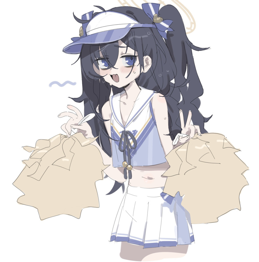 black_hair blue_archive blue_eyes cheerleader crossed_bangs double_v hair_between_eyes highres long_hair midriff navel nemo_(leafnight) pleated_skirt pom_pom_(cheerleading) simple_background skirt twintails ui_(blue_archive) v visor_cap white_background