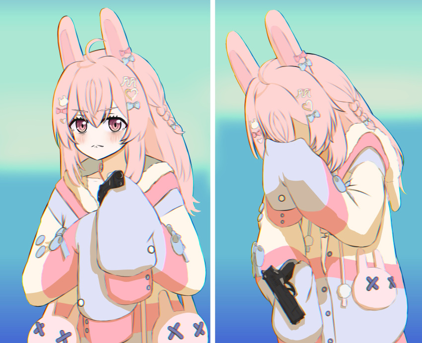 1girl absurdres animal_ears blue_bow bow braid closed_mouth covering_face ear_bow eyelashes gun hair_bow hair_ornament handgun heart heart_hair_ornament highres holding holding_gun holding_weapon jacket kan_(kannanii) long_hair meme multicolored_clothes multicolored_jacket phase_connect pink_bow pink_eyes pink_hair pipkin_pippa pipkin_pippa_(1st_costume) pom_pom_(clothes) rabbit_ears rabbit_girl rabbit_hair_ornament rabbit_ornament sleeves_past_fingers sleeves_past_wrists solo virtual_youtuber weapon