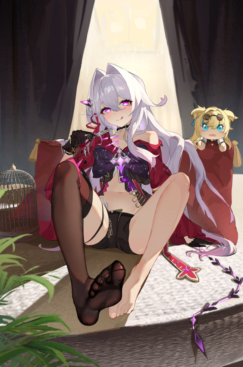 1girl absurdres birdcage black_gloves black_shorts brown_thighhighs cage closed_eyes doll full_body gloves highres holding holding_scissors honkai_(series) honkai_impact_3rd jacket long_hair looking_at_viewer nail_polish navel pillow pink_eyes red_jacket scissors shadow shorts single_thighhigh sitting smile soles solo songque_(honkai_impact) stomach thelema_(honkai_impact) thighhighs toenail_polish toenails toes tongue tongue_out very_long_hair whip white_hair yuan_zhen_(user_pnhx4422)