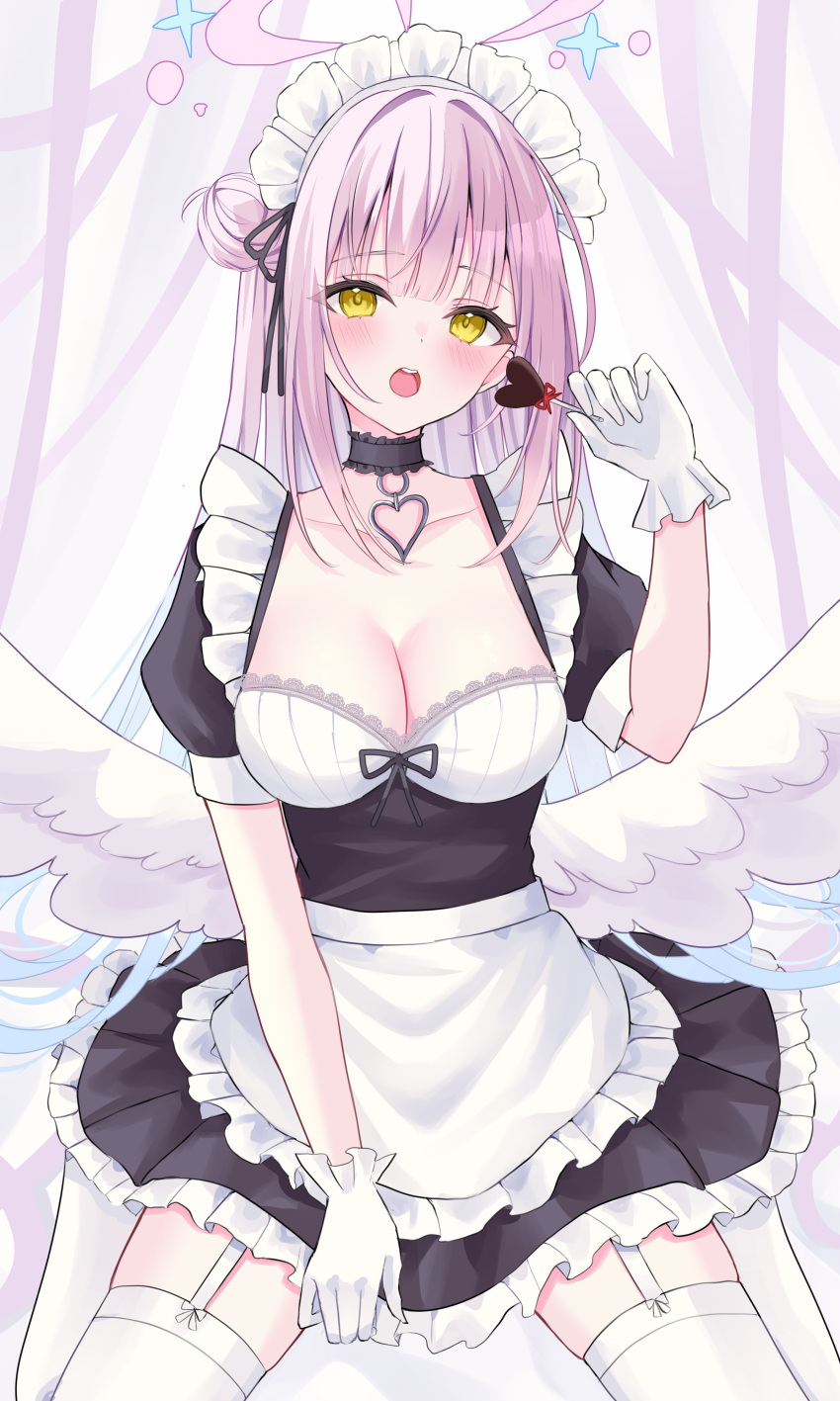 1girl absurdres alternate_costume angel_wings apron black_choker black_dress black_ribbon blue_archive blush breasts candy chocolate choker cleavage commentary_request dress enmaided feathered_wings food frilled_apron frilled_choker frilled_gloves frills garter_straps gloves gradient_hair hair_bun hair_intakes hair_ribbon halo hand_up heart heart-shaped_chocolate heart_collar highres holding holding_candy holding_food holding_lollipop lace-trimmed_dress lace_trim large_breasts lollipop long_hair looking_at_viewer low_wings maid maid_headdress mika_(blue_archive) multicolored_hair open_mouth pink_hair pink_halo ribbon short_sleeves single_side_bun sitting solo suineco teeth thighhighs thighs upper_teeth_only waist_apron wariza white_apron white_gloves white_headdress white_thighhighs white_wings wings yellow_eyes