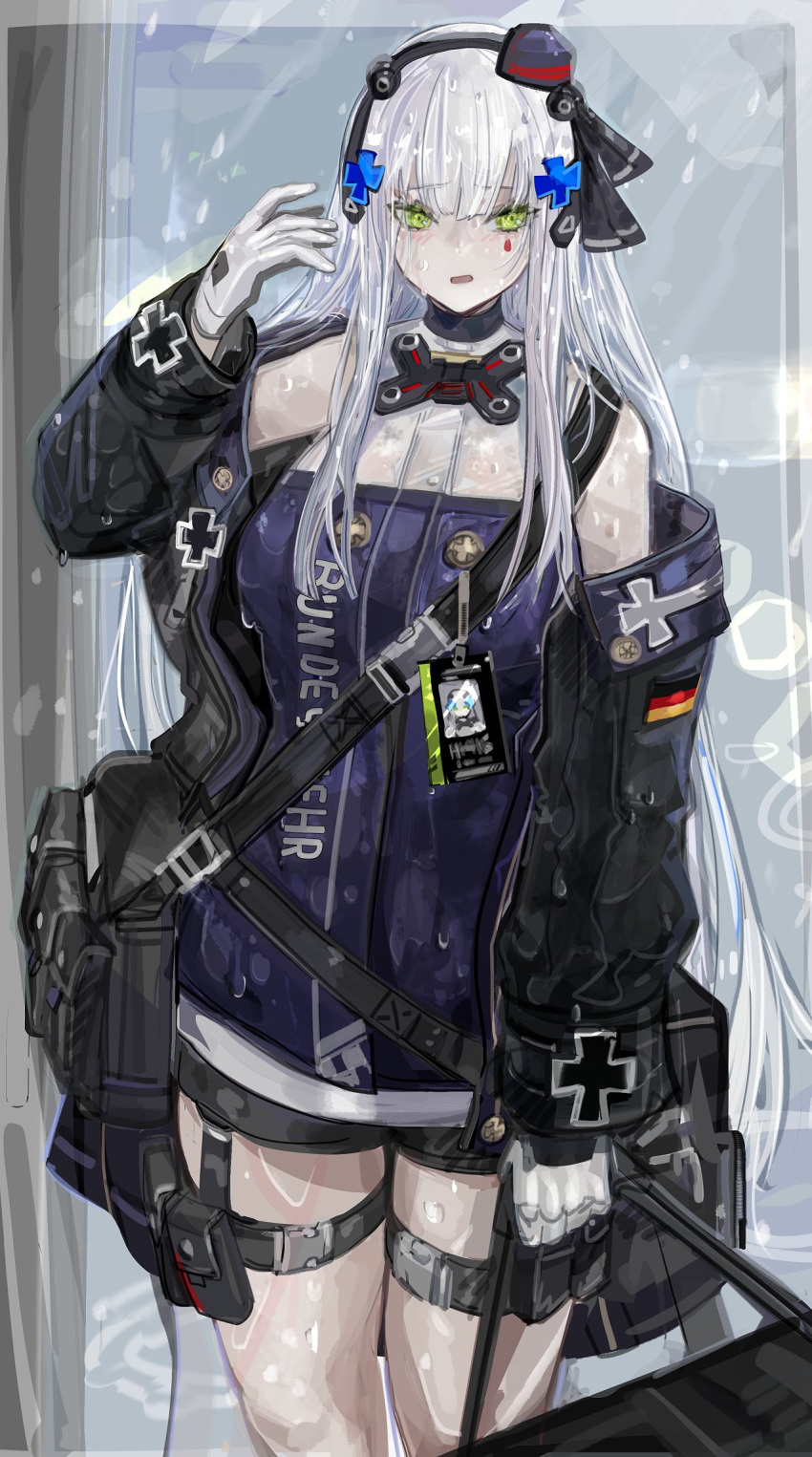 1girl bag blush carrying_bag commentary cowboy_shot facial_mark german_flag girls'_frontline gloves green_eyes hair_ornament hat highres hk416_(girls'_frontline) id_card jacket long_hair mini_hat mod3_(girls'_frontline) nslacka off_shoulder rain shoulder_bag solo very_long_hair wet wet_clothes white_gloves white_hair