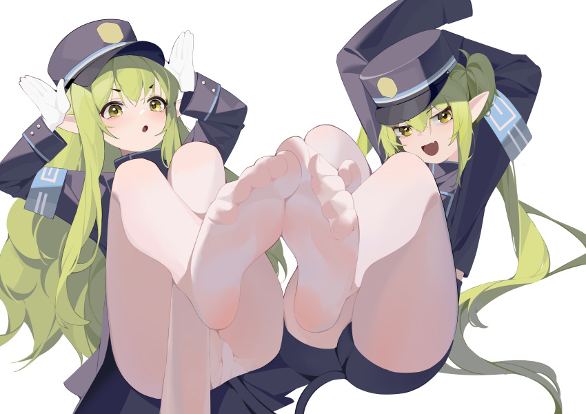 1girl absurdres armband arms_up black_hat black_shorts blue_archive blue_armband buttons double-breasted fang feet foot_focus gloves green_hair hat highlander_sidelocks_conductor_(blue_archive) highlander_twintails_conductor_(blue_archive) highres long_hair looking_at_viewer mesugaki no_shoes panties panties_under_pantyhose pantyhose pantyshot peaked_cap pointy_ears rabbit_pose shorts skin_fang smile soles sp_(8454) toes train_conductor twintails underwear white_background white_gloves white_panties white_pantyhose