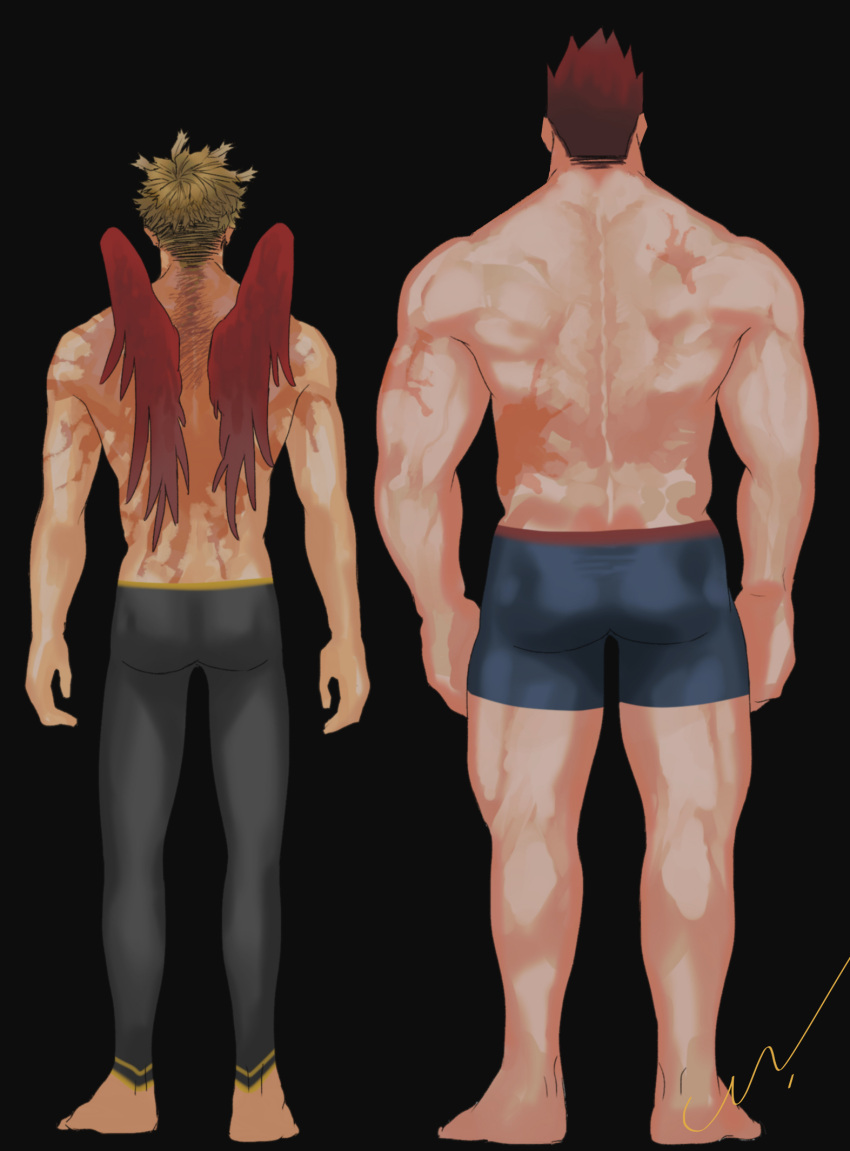 2boys back beard black_background black_legwear blue_eyes boku_no_hero_academia facial_hair feathered_wings from_behind full_body hawks_(boku_no_hero_academia) highres jo_tuesday19 leggings male_focus multiple_boys muscular muscular_male red_hair scar scar_across_eye scar_on_back short_hair spiked_hair todoroki_enji underwear underwear_only wings