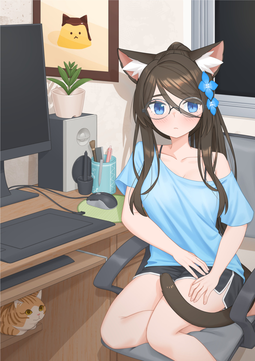 1girl absurdres aina_(mao_lian) animal_ear_fluff animal_ears bare_legs black_bra blue_eyes blue_hair bra bra_strap brown_hair cat cat_ears cat_tail chair closed_mouth collarbone computer desk dolphin_shorts feet_out_of_frame flower glasses hair_between_eyes hair_flower hair_ornament highres indoors long_hair mao_lian_(nekokao) mouse_(computer) office_chair original ponytail shorts sidelocks solo swivel_chair tail underwear