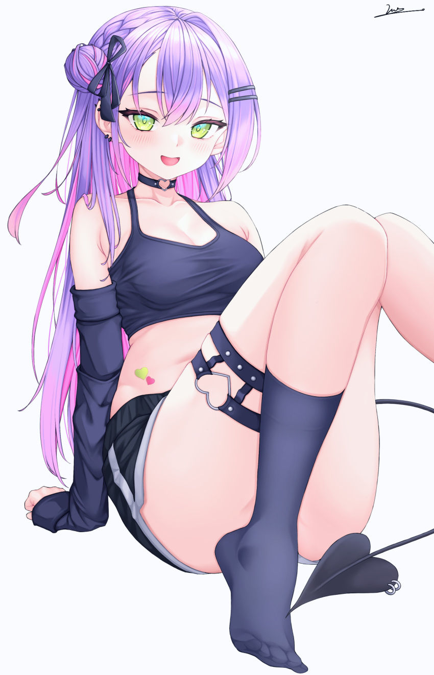 1girl absurdres blush breasts colored_inner_hair demon_tail ear_piercing green_eyes hair_between_eyes hair_bun hair_ornament hairclip highres hololive long_hair looking_at_viewer medium_breasts multicolored_hair open_mouth piercing pink_hair purple_hair smile solo streaked_hair tail tail_ornament tail_piercing tokoyami_towa vini_(frisco) virtual_youtuber