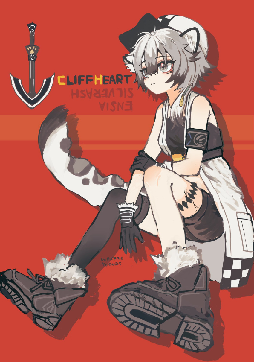 1girl animal_ear_fluff animal_ears arknights bare_shoulders black_footwear black_gloves black_shorts black_thighhighs boots breasts cabbie_hat character_name checkered_clothes checkered_headwear cliffheart_(arknights) closed_mouth commentary_request full_body fur-trimmed_boots fur_trim gloves grey_eyes grey_hair hair_between_eyes hat highres jacket leopard_ears leopard_girl leopard_tail open_clothes open_jacket red_background shoe_soles short_shorts shorts single_thighhigh sitting sleeveless sleeveless_jacket small_breasts solo tail thighhighs uyuni-piyo white_hat white_jacket