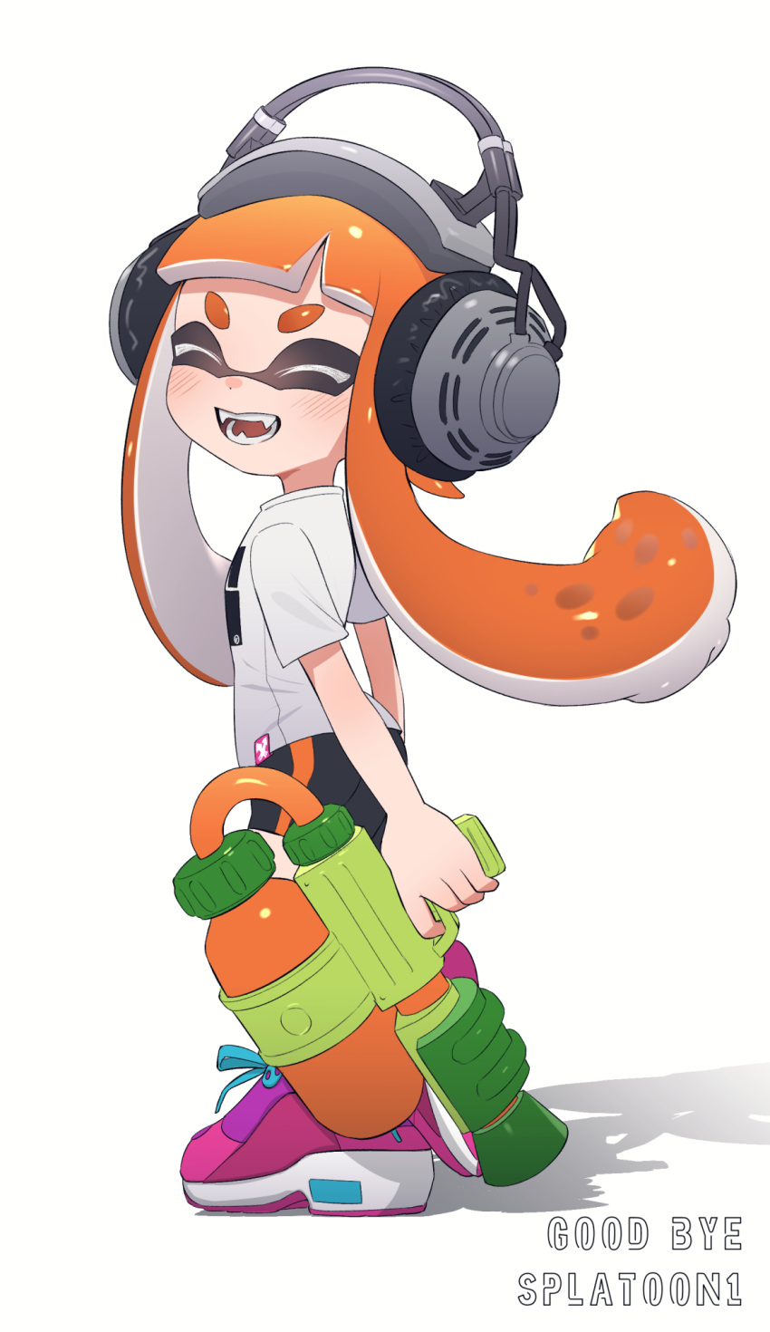 1girl :d ^_^ arms_at_sides bike_shorts black_shorts blunt_bangs blush closed_eyes copyright_name dot_nose english_text facing_back facing_viewer fangs from_side full_body happy headphones highres holding holding_weapon inkling inkling_girl inkling_player_character long_hair open_mouth orange_hair pink_footwear print_shirt puchiman shadow shirt shoes short_sleeves shorts smile sneakers solo splatoon_(series) splatoon_1 splattershot_(splatoon) tentacle_hair twintails v-shaped_eyebrows weapon white_background white_shirt