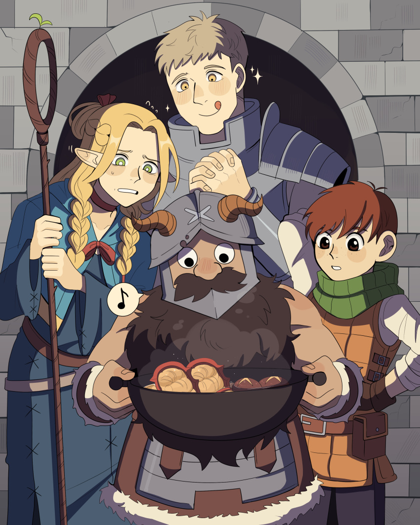 1girl 3boys :q absurdres armor beard blonde_hair blue_capelet blue_robe blush bobamiruku braid brown_hair capelet chilchuck_tims cooking dungeon_meshi dwarf elf facial_hair fake_horns halfling helmet highres horned_helmet horns laios_touden long_beard long_hair long_sleeves marcille_donato multiple_boys musical_note plate_armor pointy_ears robe senshi_(dungeon_meshi) short_hair smile sparkle spoken_musical_note thick_mustache tongue tongue_out very_long_beard wok