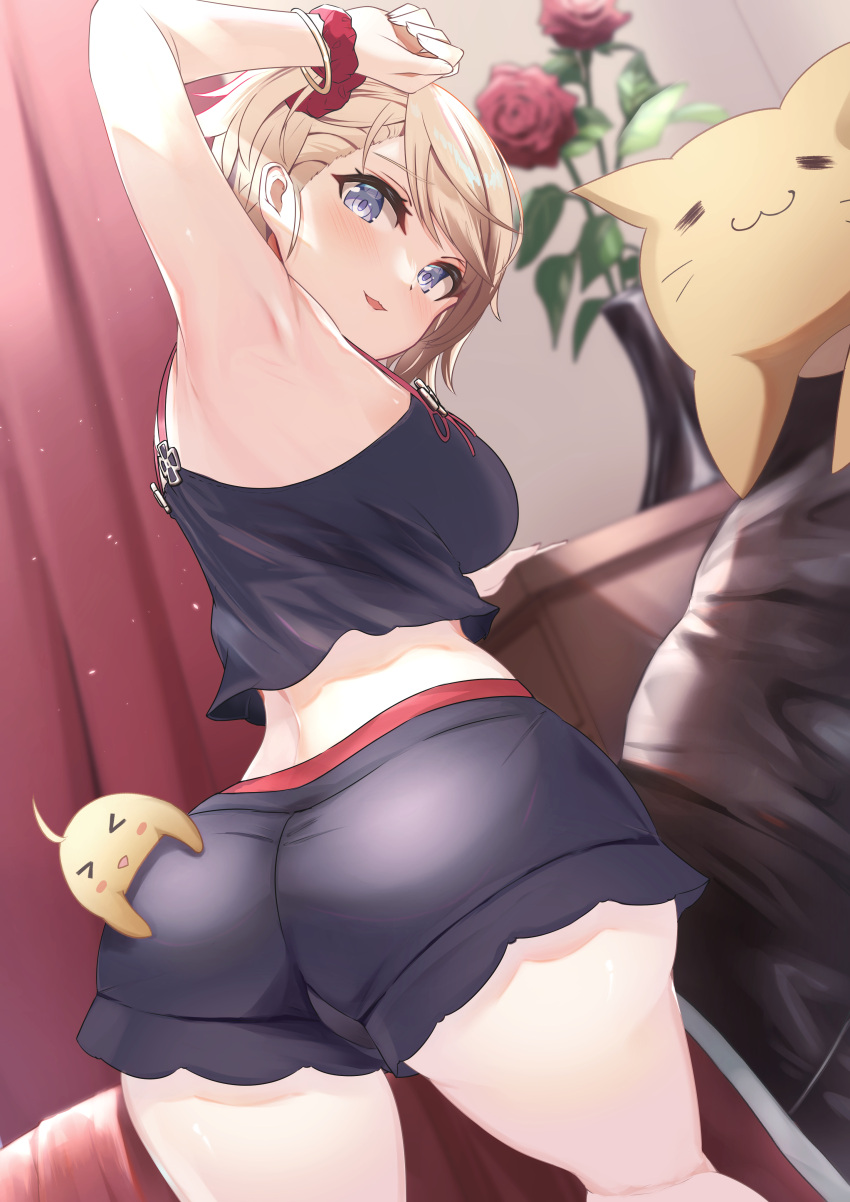 1girl absurdres arm_up armpits ass azur_lane bangs bed bed_sheet bird blurry bracelet brown_hair chick commentary_request curtains depth_of_field eyebrows_visible_through_hair flower from_behind grey_eyes head_tilt highres iron_cross jewelry looking_at_viewer looking_back manjuu_(azur_lane) md5_mismatch official_alternate_costume pajamas parted_lips puripuri red_flower red_rose rose short_hair sidelocks smile solo spaghetti_strap stuffed_animal stuffed_cat stuffed_toy twisted_torso wrist_cuffs z23_(azur_lane) z23_(secret_care_room)_(azur_lane)