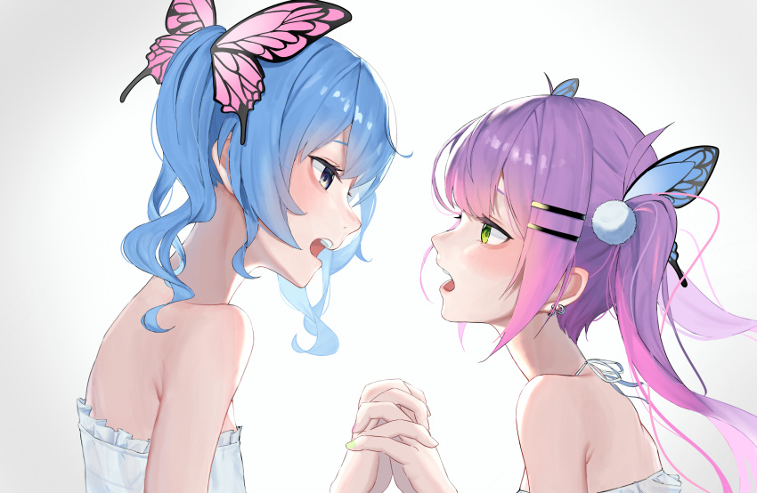 2girls absurdres ayeon bare_shoulders blue_eyes blue_hair butterfly_hair_ornament dress earrings eye_contact face-to-face frilled_dress frills from_side gradient_hair green_hair hair_ornament hairclip highres holding_hands hololive hoshimachi_suisei interlocked_fingers jewelry looking_at_another magnet_(vocaloid) multicolored_hair multiple_girls open_mouth pink_hair pom_pom_(clothes) pom_pom_hair_ornament purple_hair side_ponytail simple_background tokoyami_towa twintails virtual_youtuber white_background white_dress yuri