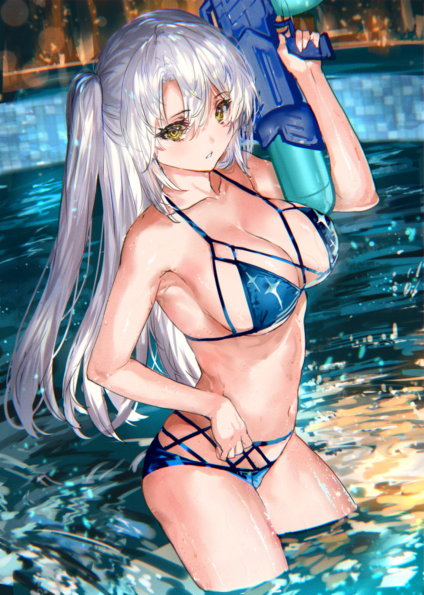 1girl bangs bikini blue_bikini blush breasts cleavage collarbone eyebrows_visible_through_hair highres in_water large_breasts long_hair looking_at_viewer navel original parted_lips pool ran'ou_(tamago_no_kimi) side_ponytail silver_hair solo standing swimsuit thighs water_gun wet yellow_eyes