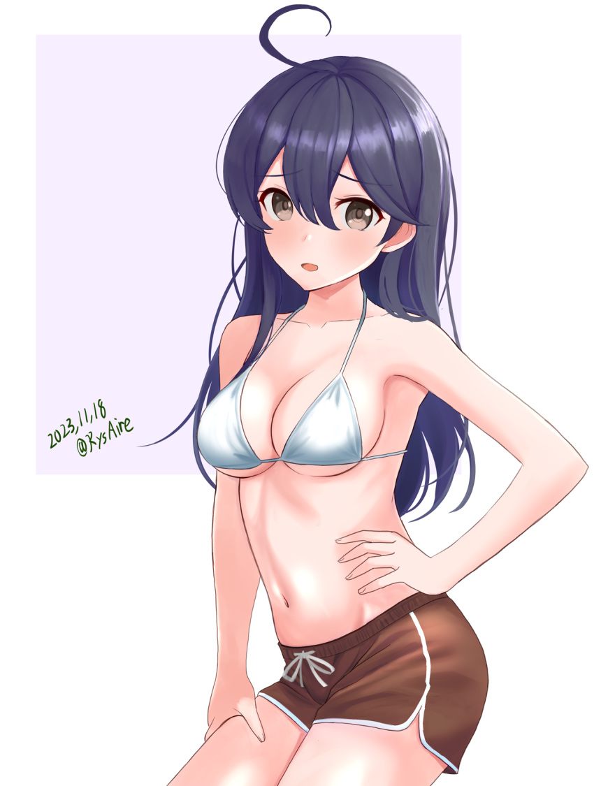 1girl ahoge ame-san bikini bikini_top_only black_hair breasts brown_eyes brown_shorts cleavage cowboy_shot dated dolphin_shorts hair_between_eyes hand_on_own_hip highres kantai_collection long_hair looking_at_viewer medium_breasts navel shorts solo swimsuit twitter_username two-tone_background ushio_(kancolle) white_bikini