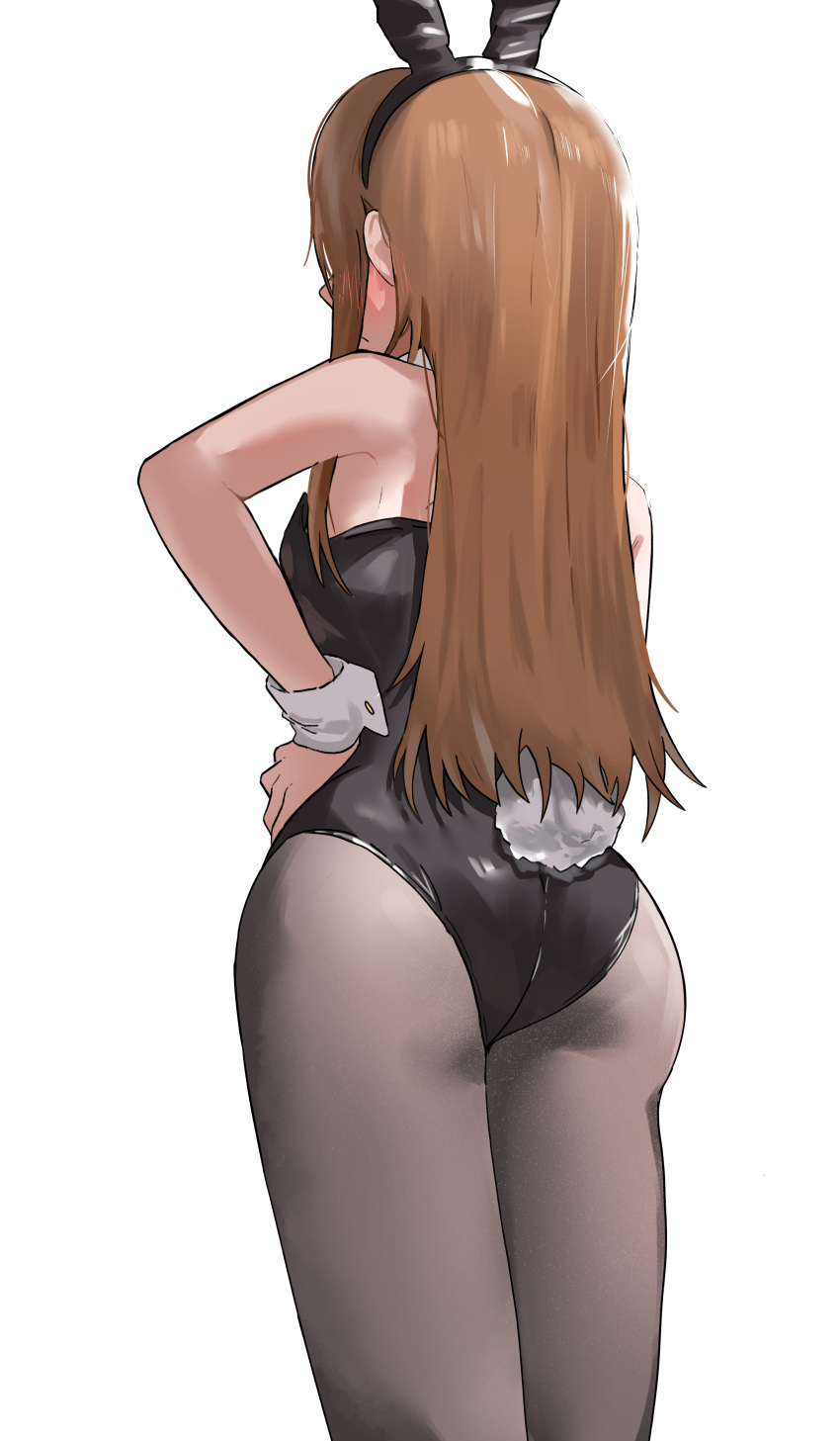 1girl absurdres animal_ears ass back back_focus black_leotard black_pantyhose blush breasts brown_hair cowboy_shot detached_collar fake_animal_ears fake_tail from_behind highres idolmaster idolmaster_(classic) idolmaster_million_live! idolmaster_million_live!_theater_days leotard long_hair medium_breasts minase_iori pantyhose pdal_(pdalhhh) playboy_bunny rabbit_ears rabbit_tail simple_background straight_hair strapless strapless_leotard tail very_long_hair white_background wrist_cuffs