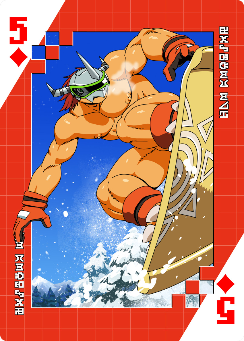 abs anthro armor bandai_namco card digimoji digimon digimon_(species) headgear helmet hi_res male muscular muscular_anthro muscular_male nipples orange_body pecs playing_card roaringmoon snowboard snowboarding solo suit_symbol visor wargreymon