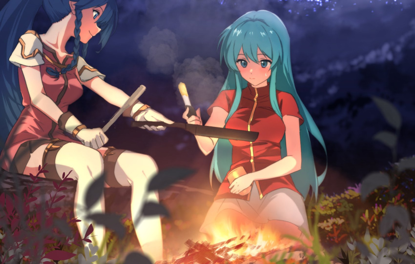 2girls ahonoko aqua_eyes aqua_hair blue_eyes blue_hair bonfire braid closed_mouth commentary dress eirika_(fire_emblem) fire fire_emblem fire_emblem:_the_sacred_stones frying_pan gloves highres holding holding_frying_pan long_hair looking_at_another multiple_girls outdoors pink_dress red_shirt shirt short_sleeves sidelocks skirt sweatdrop symbol-only_commentary tana_(fire_emblem) thighhighs twin_braids white_gloves white_skirt white_thighhighs