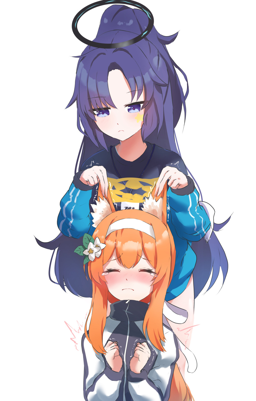 2girls absurdres animal_ear_fluff animal_ears black_jacket black_shirt blue_archive blue_jacket blush brown_hair cat_ears closed_eyes closed_mouth commentary_request flower gym_uniform hair_flower hair_ornament hair_ribbon hairband halo hands_on_another's_head high_ponytail highres jacket long_hair mari_(blue_archive) mari_(track)_(blue_archive) multiple_girls nose_blush open_clothes open_jacket parted_bangs purple_eyes purple_hair ribbon shirt sidelocks star_(sky) star_on_cheek tears track_jacket trembling white_flower white_hairband white_ribbon wimawi yellow_halo yuuka_(blue_archive) yuuka_(track)_(blue_archive)