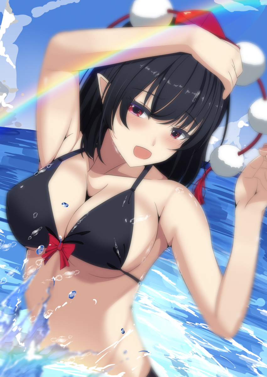 1girl :d arm_up bangs bikini black_bikini black_hair blue_sky blurry breasts cleavage cloud eyebrows_visible_through_hair hat highres horizon kitaura_kasumi looking_at_viewer medium_breasts ocean open_mouth outdoors pointy_ears pom_pom_(clothes) rainbow red_eyes red_headwear shameimaru_aya short_hair sky smile solo swimsuit tokin_hat touhou upper_body wet