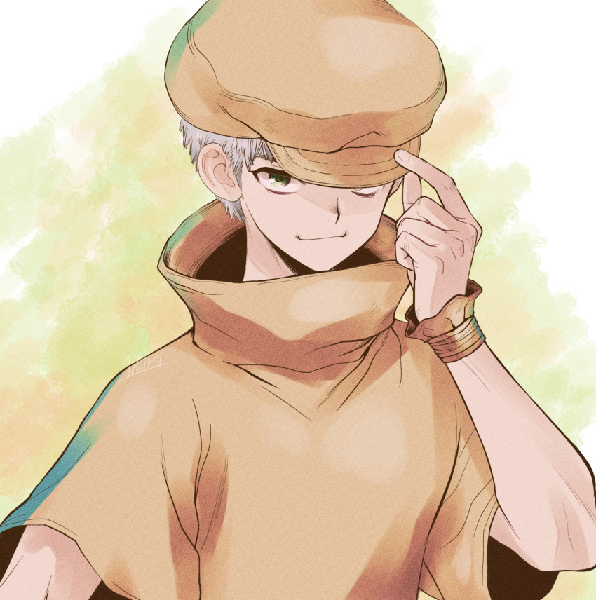 1boy cabbie_hat closed_mouth dr._stone green_eyes hand_on_headwear hand_up hat hat_tip high_collar highres looking_at_viewer ninomae_gin one_eye_covered saionji_ukyou shirt short_hair simple_background smile solo upper_body white_hair wrist_cuffs yellow_hat yellow_shirt