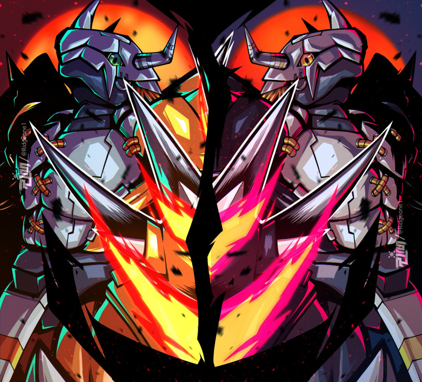 armor artist_logo black_armor black_skin blackwargreymon blonde_hair claws colored_skin commentary crotch_plate digimon dragon fire green_eyes helmet highres horns looking_at_viewer orange_skin red_background red_hair ridgeone spiked_hair symbol-only_commentary symmetry twitter_username upper_body wargreymon yellow_armor yellow_eyes