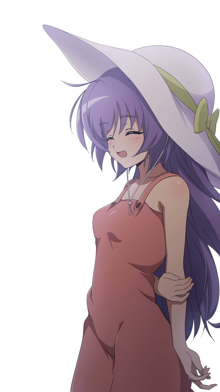 1girl :d ^_^ absurdres ahoge alternate_costume arms_behind_back bare_arms blush bow breasts casual closed_eyes commentary_request cowboy_shot dress from_side hair_between_eyes hand_on_own_arm hanyuu happy hat hat_bow highres higurashi_no_naku_koro_ni long_hair nishizuki_shino open_mouth pink_dress purple_hair simple_background sleeveless sleeveless_dress small_breasts smile solo very_long_hair white_background white_hat yellow_bow