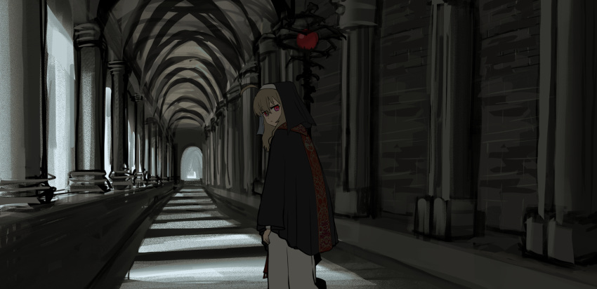 1girl ahoge architecture brown_hair church coif expressionless habit highres looking_back medium_hair nun original pillar red_eyes scenery sqq staff walking