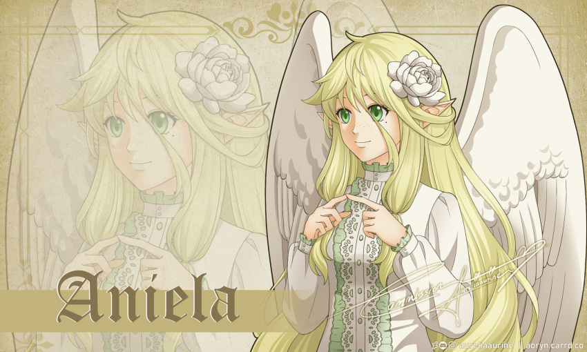 1girl aureliaaurine blonde_hair commission commissioner_upload feathered_wings fire_emblem fire_emblem:_radiant_dawn flower freckles green_eyes hair_flower hair_ornament highres long_hair mole mole_under_eye original pointy_ears portrait smile solo turtleneck white_flower white_wings wings