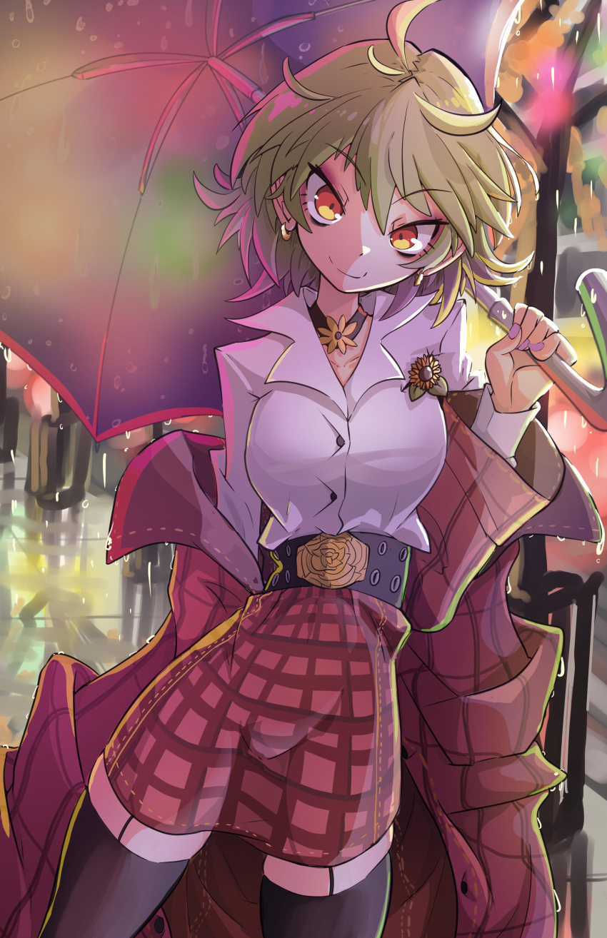 &gt;:) 1girl absurdres adapted_costume ahoge belt black_belt coat collared_shirt cowboy_shot earrings flower_pin garter_straps green_hair highres holding holding_umbrella jewelry kazami_yuuka looking_at_viewer messy_hair off-shoulder_coat off_shoulder pink_nails plaid plaid_coat plaid_skirt rain red_coat red_eyes shirt short_hair skindentation skirt smile solo themoondruid thighhighs touhou umbrella v-shaped_eyebrows white_shirt