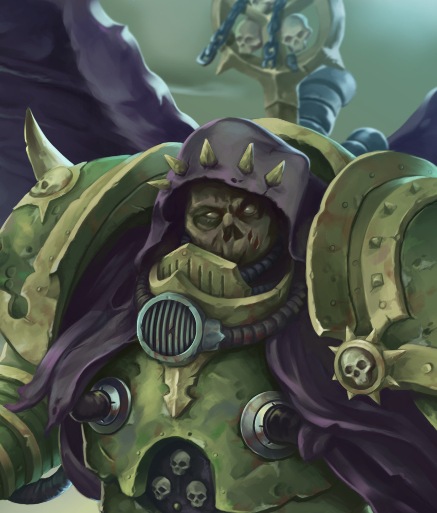 1boy armor boney_face breastplate cataracts chaos_(warhammer) close-up commentary damaged death_guard demon_primarch english_commentary green_armor green_background grohgrog highres injury insect_wings making-of_available monster mortarion moth_wings nurgle plague_marine power_armor primarch purple_wings respirator shoulder_spikes skull skull_ornament spiked_hood spiked_pauldrons spikes upper_body warhammer_40k wings