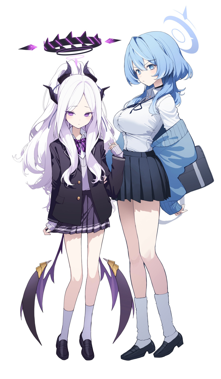 2girls absurdres ako_(blue_archive) alternate_costume bag black_choker black_footwear black_skirt blazer blue_archive blue_eyes blue_hair bow bowtie choker collared_shirt commentary_request demon_girl demon_horns demon_wings forehead full_body grey_sweater hair_between_eyes half_updo halo height_difference highres hina_(blue_archive) horns jacket kneehighs long_hair long_sleeves looking_at_viewer multiple_girls parted_bangs pleated_skirt pro-p purple_bow purple_bowtie purple_eyes school_bag school_uniform shirt shoes sidelocks simple_background skirt socks standing sweater wavy_hair white_hair white_shirt white_socks wings