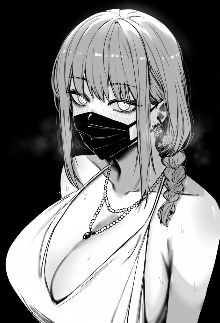 1girl absurdres armpit_crease bare_arms bare_shoulders black_background blush braid braided_ponytail breasts chainsaw_man cleavage collarbone earrings flower_tattoo greyscale hair_over_shoulder highres jewelry large_breasts long_hair looking_at_viewer low_neckline makima_(chainsaw_man) mask masoq monochrome mouth_mask necklace pearl_necklace ringed_eyes sideboob simple_background solo spaghetti_strap sweat swept_bangs tattoo upper_body