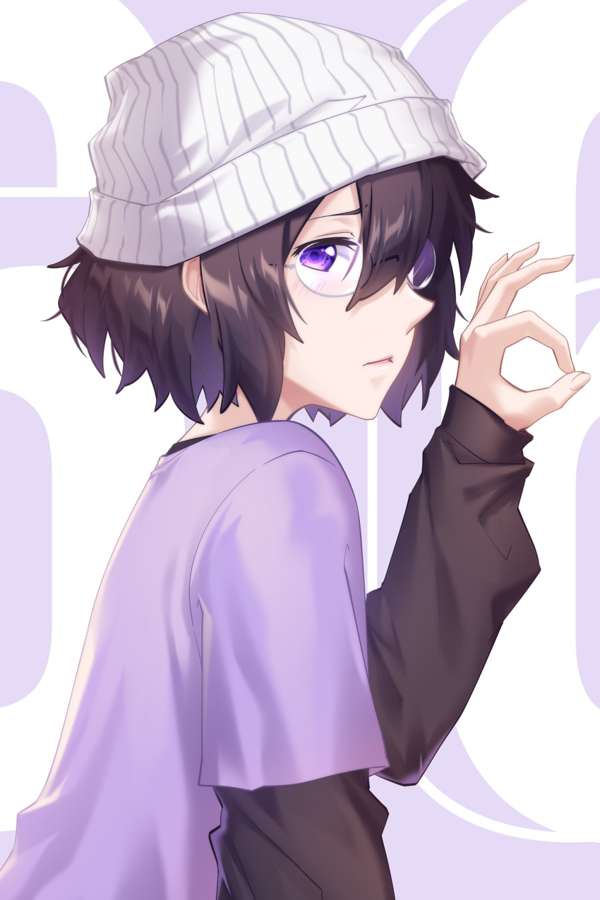 1girl black_shirt blush brown_hair closed_mouth glasses hair_over_one_eye hat highres levana_violette_(lusan666) long_sleeves lusan666 original purple_eyes purple_shirt shirt simple_background solo white_hat