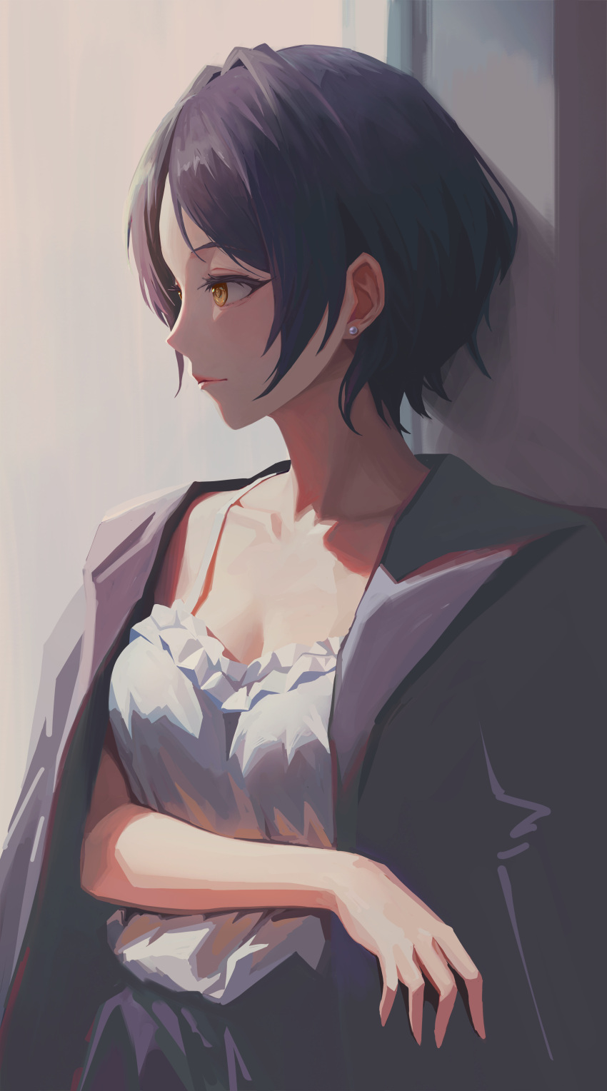 1girl absurdres blue_hair breasts camisole collarbone dark_blue_hair earrings hayami_kanade highres idolmaster idolmaster_cinderella_girls jacket jacket_on_shoulders jewelry looking_to_the_side medium_breasts parted_lips profile purple_jacket qingli_ye short_hair solo stud_earrings white_camisole