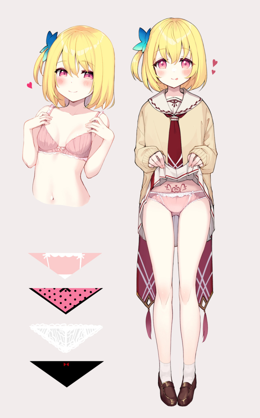 1girl :p blonde_hair blush bow bow_bra bow_panties bra breasts brown_footwear brown_shirt butterfly_hair_ornament closed_mouth clothes_lift grey_background hair_between_eyes hair_ornament heart highres lifted_by_self loafers long_sleeves looking_at_viewer minamura_haruki multiple_views necktie one_side_up original panties pink_bra pink_eyes pink_panties pleated_skirt pubic_tattoo puffy_long_sleeves puffy_sleeves red_necktie sailor_collar shirt shoes simple_background skirt skirt_lift sleeves_past_wrists small_breasts smile socks tattoo tongue tongue_out underwear white_sailor_collar white_skirt white_socks