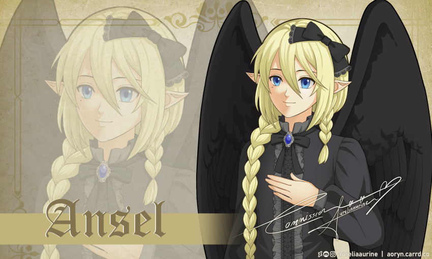 1boy aureliaaurine black_wings blonde_hair blue_eyes blue_gemstone bow braid commission commissioner_upload feathered_wings fire_emblem fire_emblem:_radiant_dawn gem hair_bow hand_on_own_chest highres long_braid mole mole_under_eye necktie original pointy_ears portrait smile solo twin_braids wings