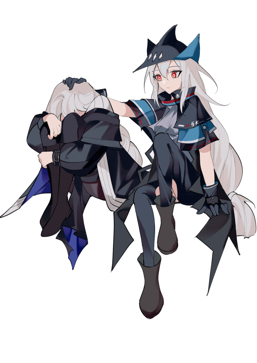 2girls absurdres ampheta arknights black_footwear black_jacket grey_hair hand_on_another's_head hat head_on_knees highres jacket multiple_girls red_eyes skadi_(arknights) specter_(arknights)